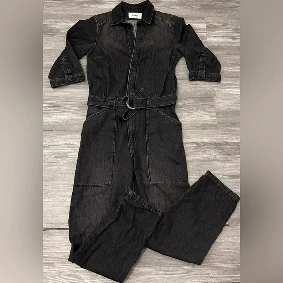 ba&sh Women’s Frida Denim Jumpsuit  Black Size 0‎ Waist Tie Front Buttons - Picture 2 of 9